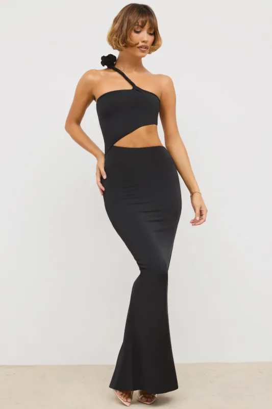 Premium Jersey Asymmetric Cut Out Maxi Dress in Black sold by Oh Polly