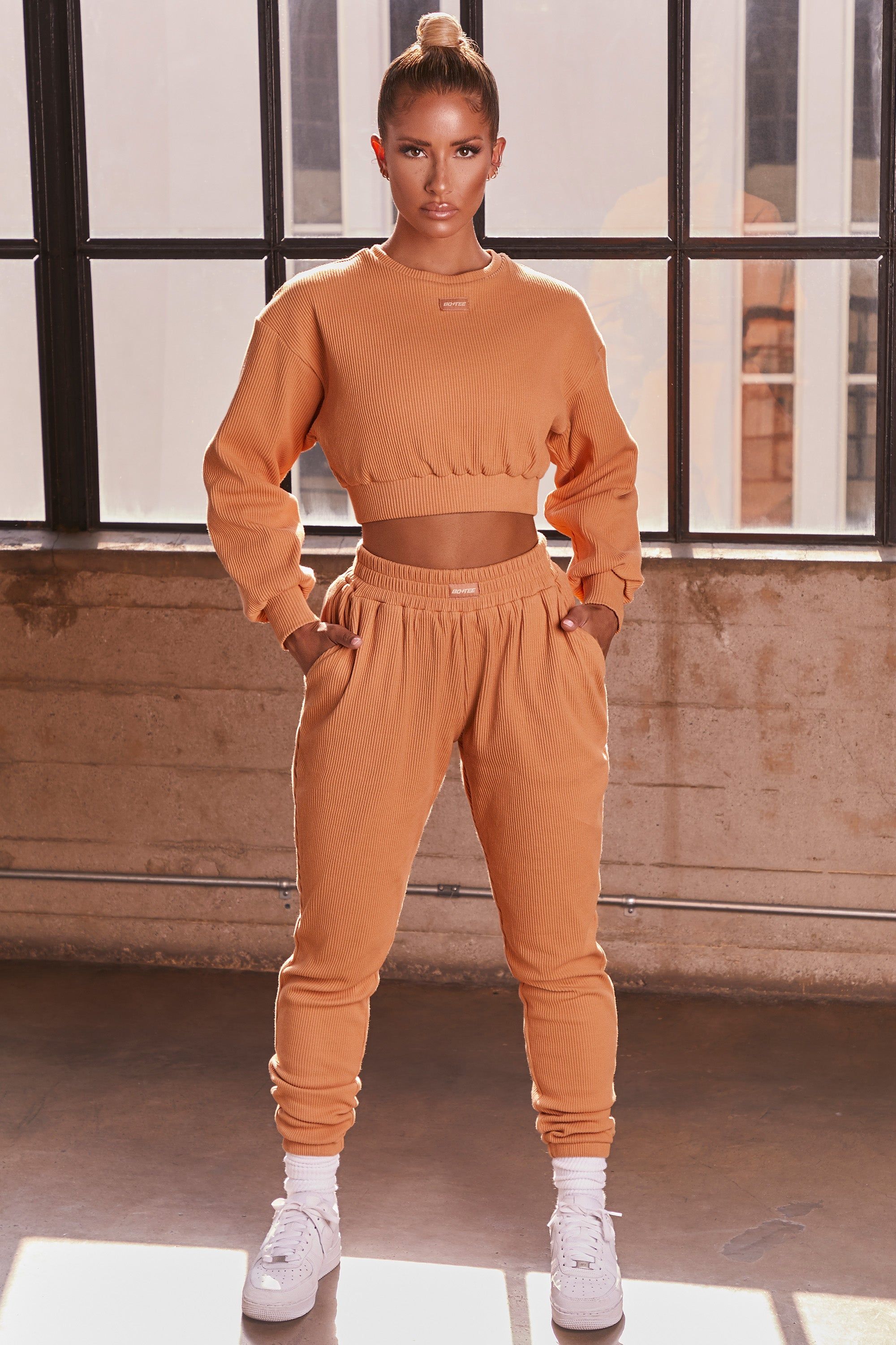 At Ease Ribbed Cropped Oversized Sweatshirt in Caramel sold by Oh Polly