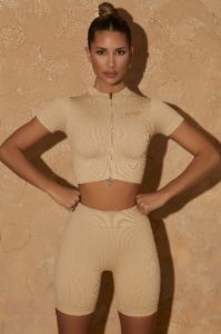 Short Sleeve Crop Top in Beige sold by Oh Polly