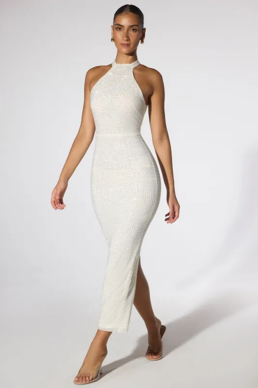 Embellished Halter Neck Low Back Evening Gown in Ivory sold by Oh Polly
