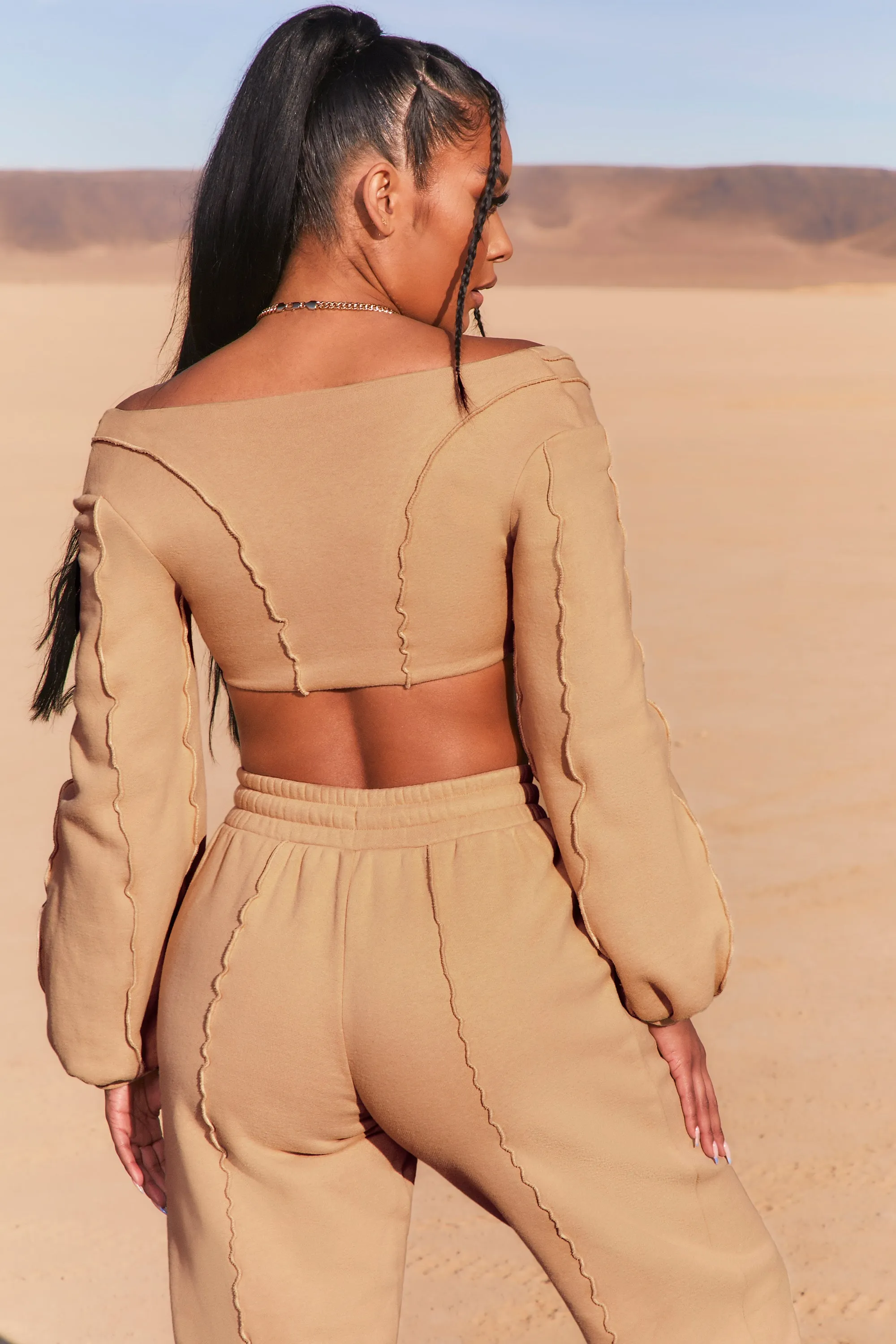 Uncovered Exposed Seam Bardot Crop Top in Beige sold by Oh Polly product image thumbnail 2