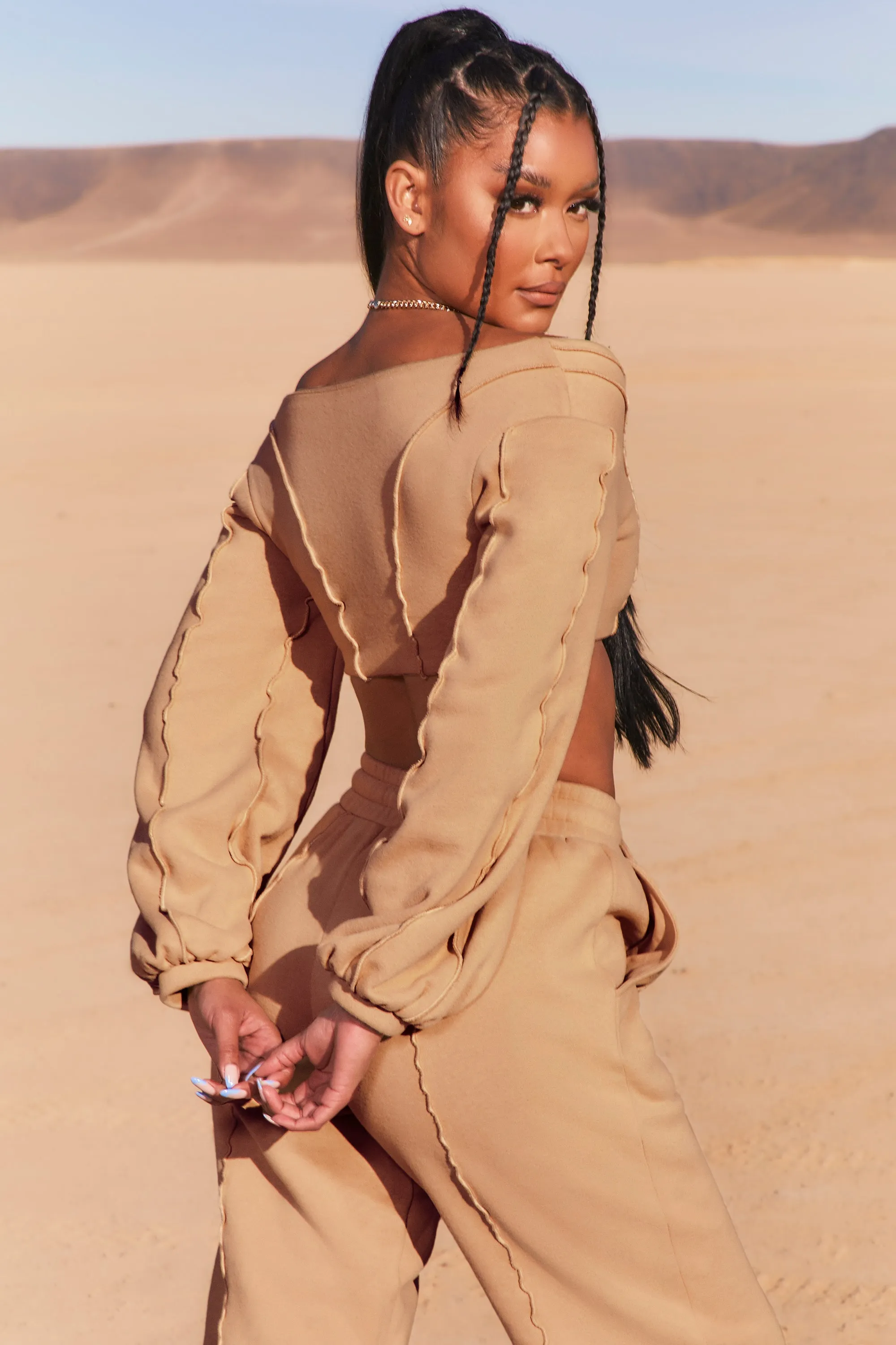 Uncovered Exposed Seam Bardot Crop Top in Beige sold by Oh Polly product image thumbnail 3