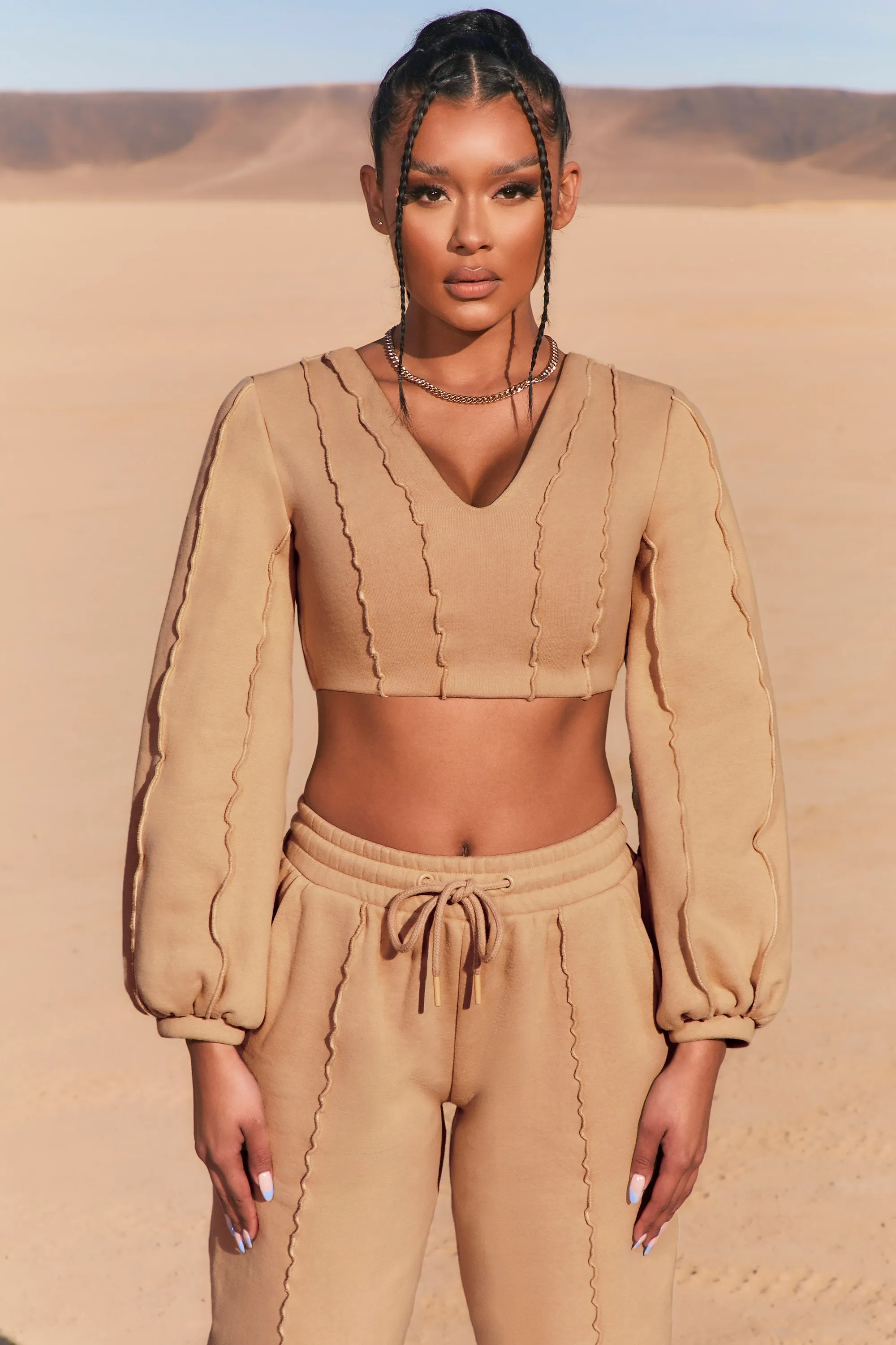 Uncovered Exposed Seam Bardot Crop Top in Beige sold by Oh Polly product image thumbnail 4