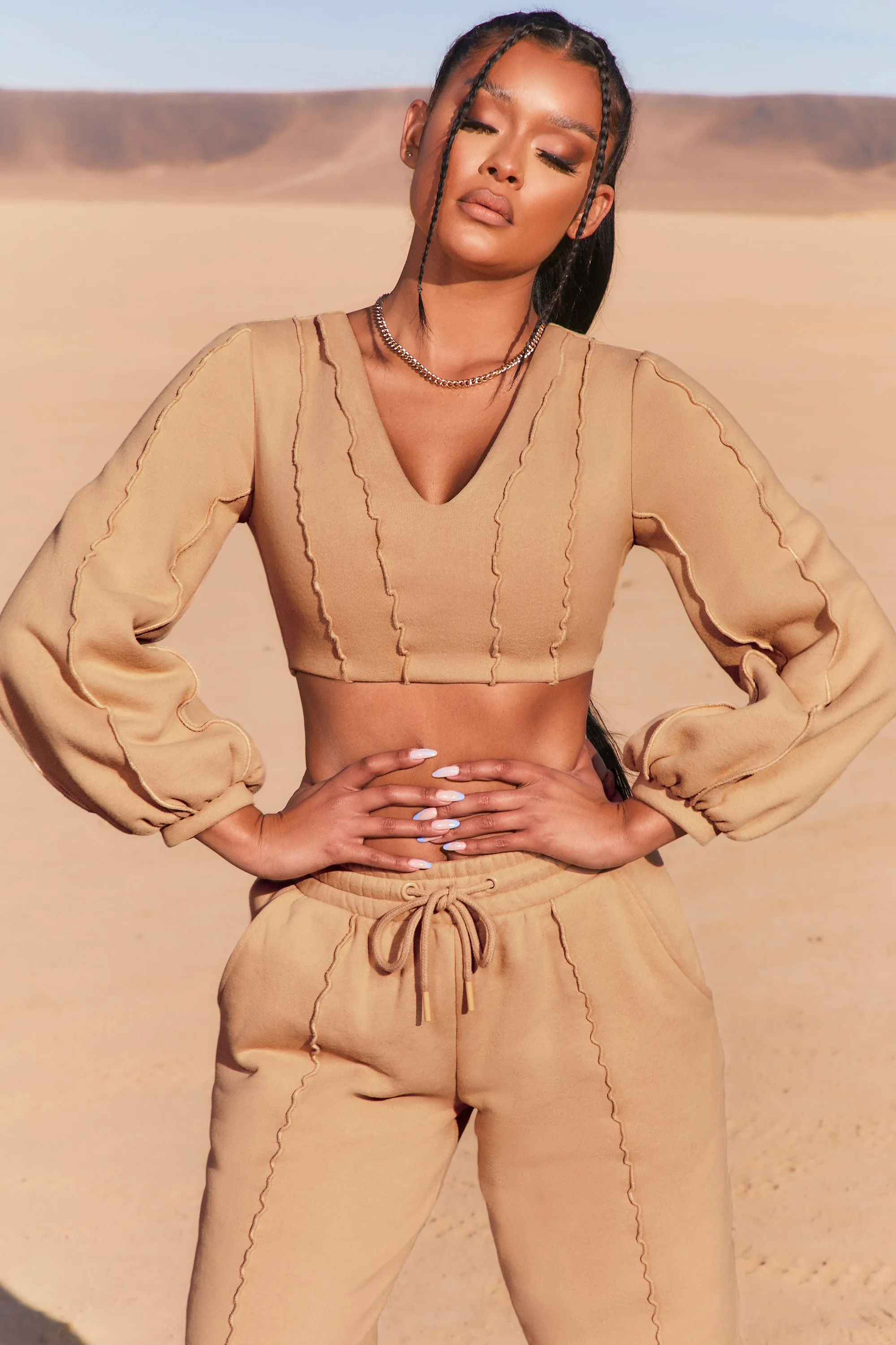 Uncovered Exposed Seam Bardot Crop Top in Beige sold by Oh Polly product image thumbnail 5