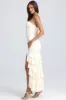 Bandeau Ruched Ruffle-Trim Maxi Dress in Ivory sold by Oh Polly