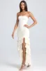 Bandeau Ruched Ruffle-Trim Maxi Dress in Ivory sold by Oh Polly