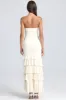 Bandeau Ruched Ruffle-Trim Maxi Dress in Ivory sold by Oh Polly
