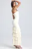 Bandeau Ruched Ruffle-Trim Maxi Dress in Ivory sold by Oh Polly