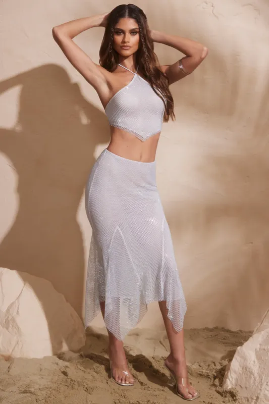 Embellished Handkerchief Hem Midaxi Skirt in Silver sold by Oh Polly