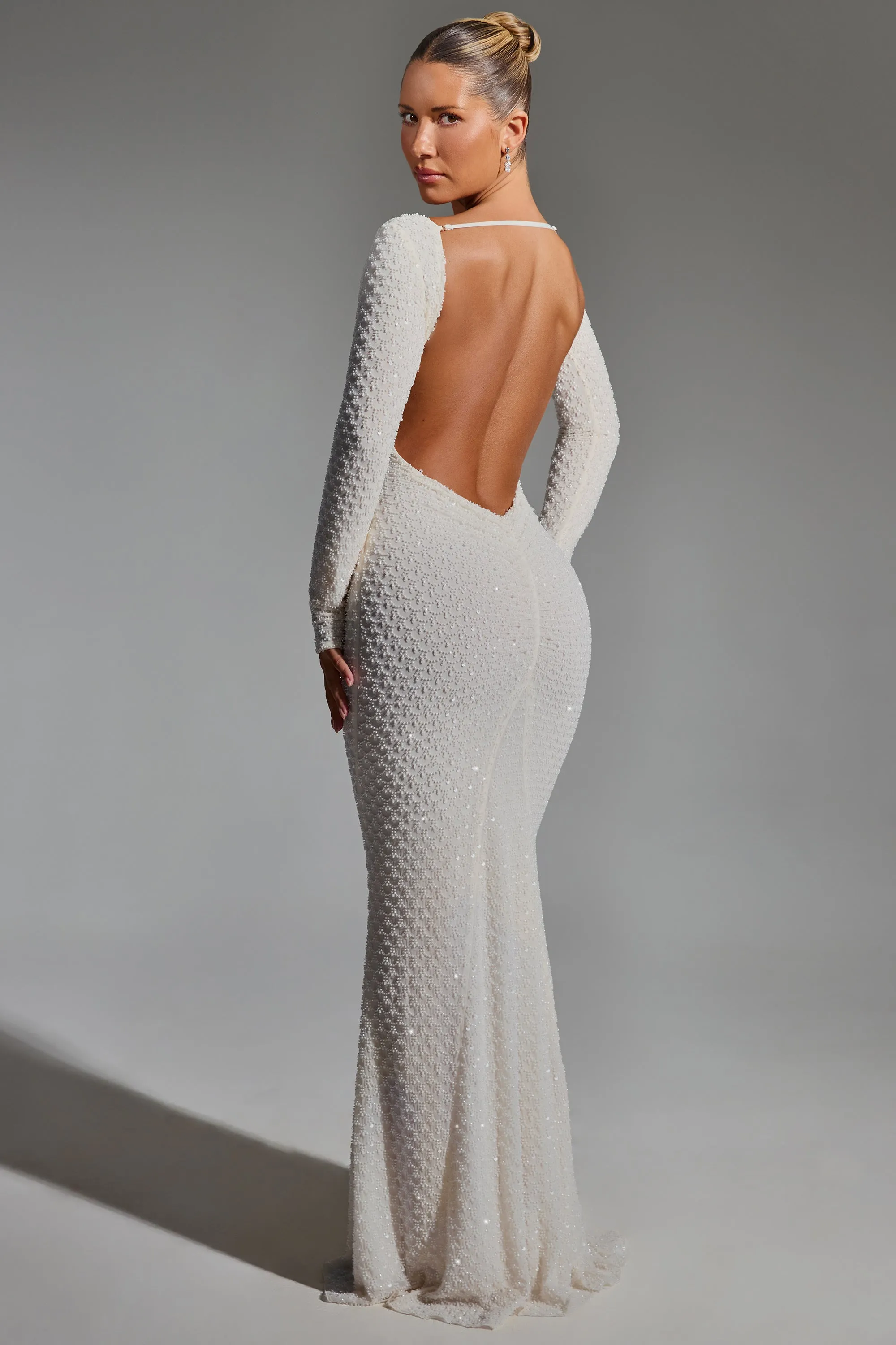 Embellished Open-Back Gown in White sold by Oh Polly