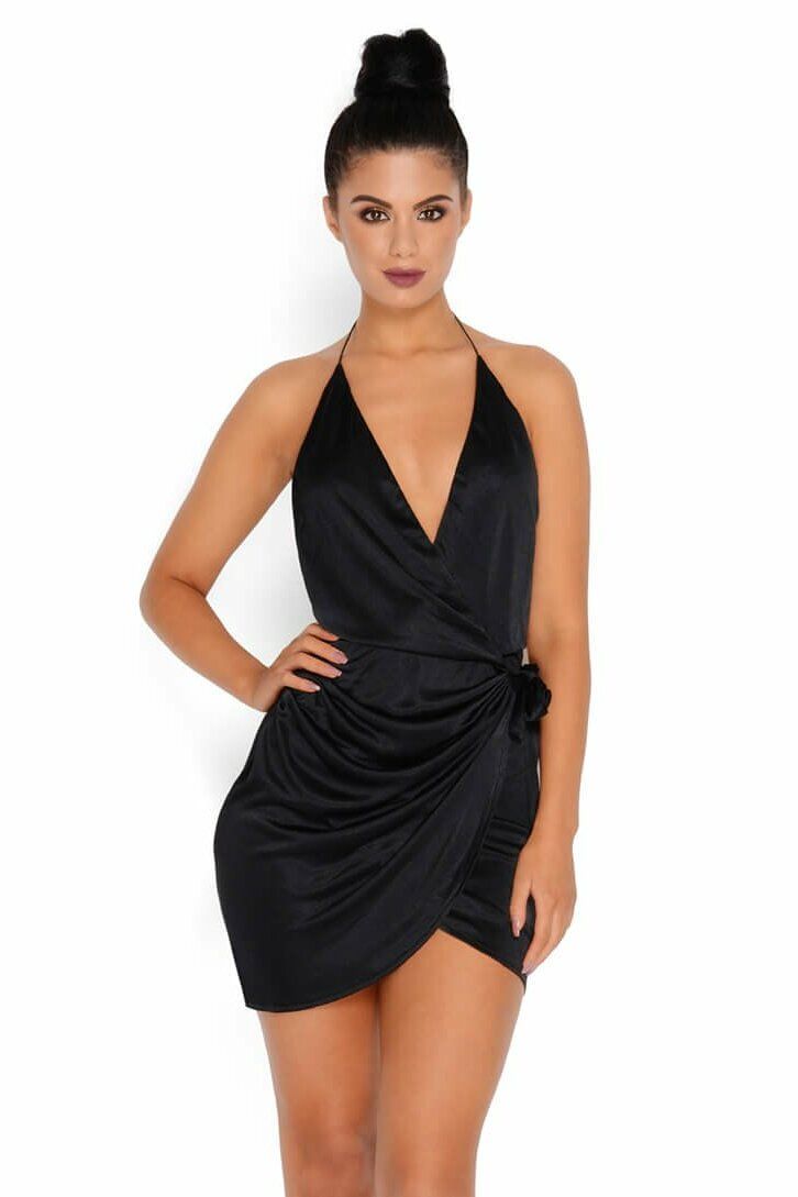 Holy Wrap Satin Wrap Mini Dress in Black sold by Oh Polly product image thumbnail 9