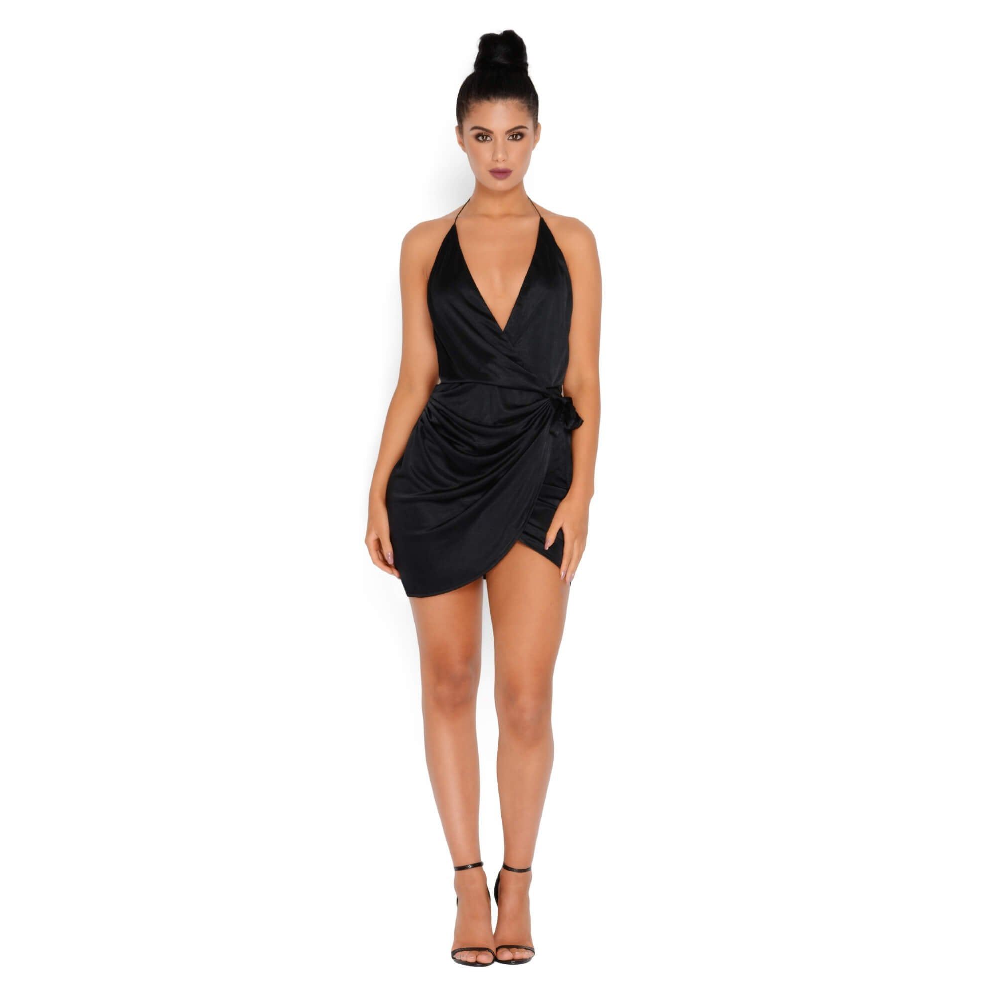 Holy Wrap Satin Wrap Mini Dress in Black sold by Oh Polly product image thumbnail 6