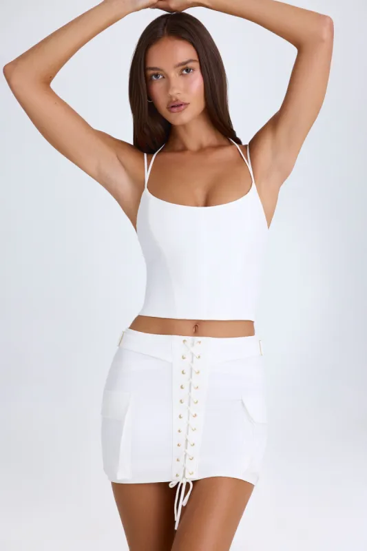 Lace-Up Cargo Micro Mini Skirt in White sold by Oh Polly