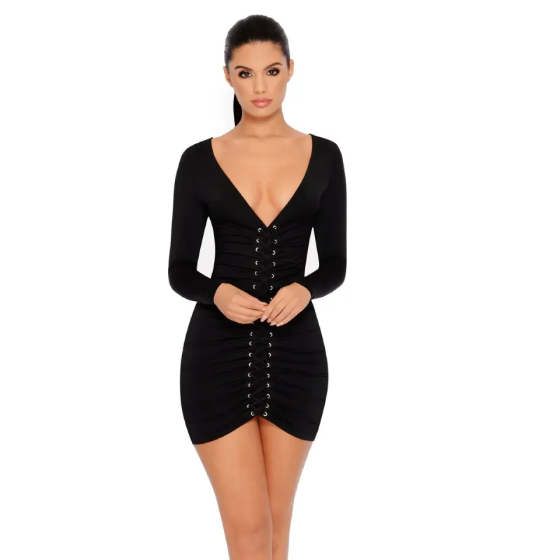 One Track Mind Lace Up Ruche Mini Dress in Black made by Oh Polly