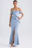 Off-Shoulder Ruffle-Trim Gown in Light Blue sold by Oh Polly