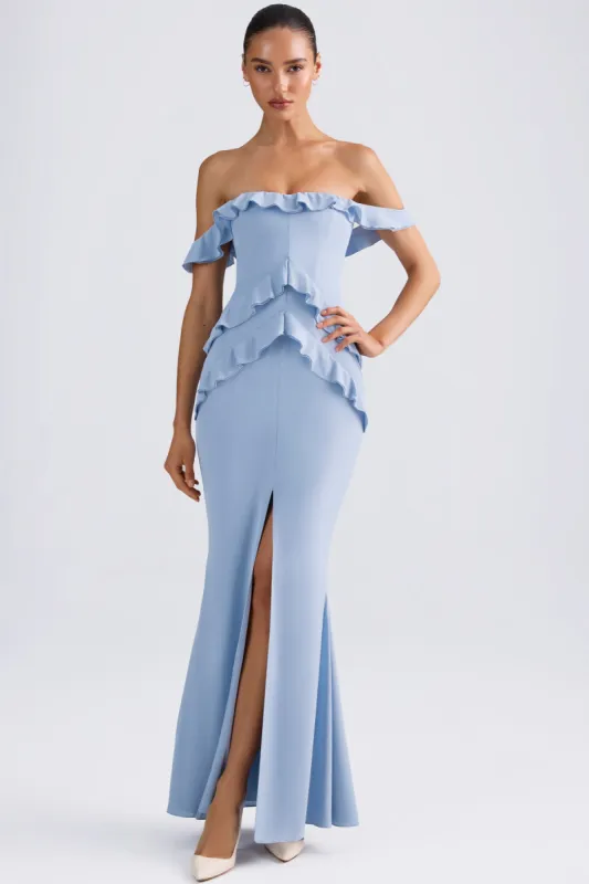 Off-Shoulder Ruffle-Trim Gown in Light Blue sold by Oh Polly