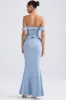 Off-Shoulder Ruffle-Trim Gown in Light Blue sold by Oh Polly