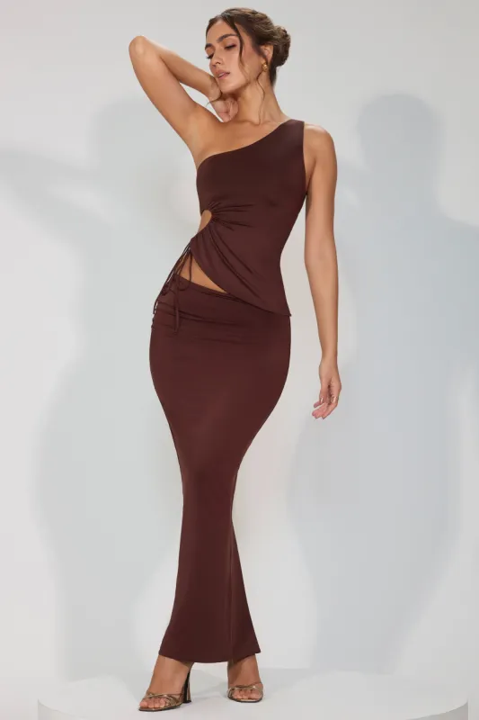 Slinky Jersey Asymmetric Waist Maxi Skirt in Espresso sold by Oh Polly