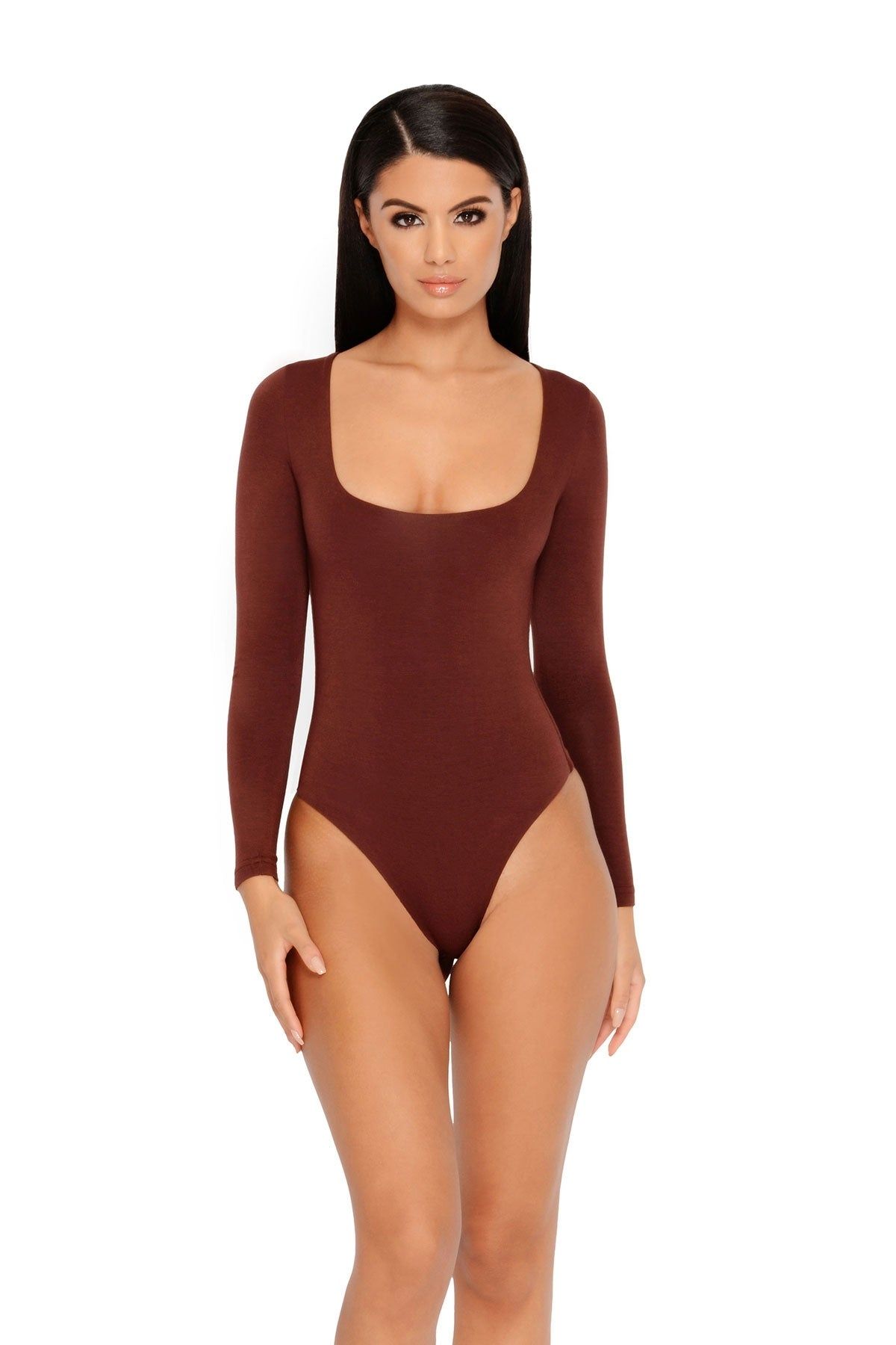 What's The Scoop Double Layered Long Sleeve Bodysuit in Brown sold by Oh Polly product image thumbnail 2
