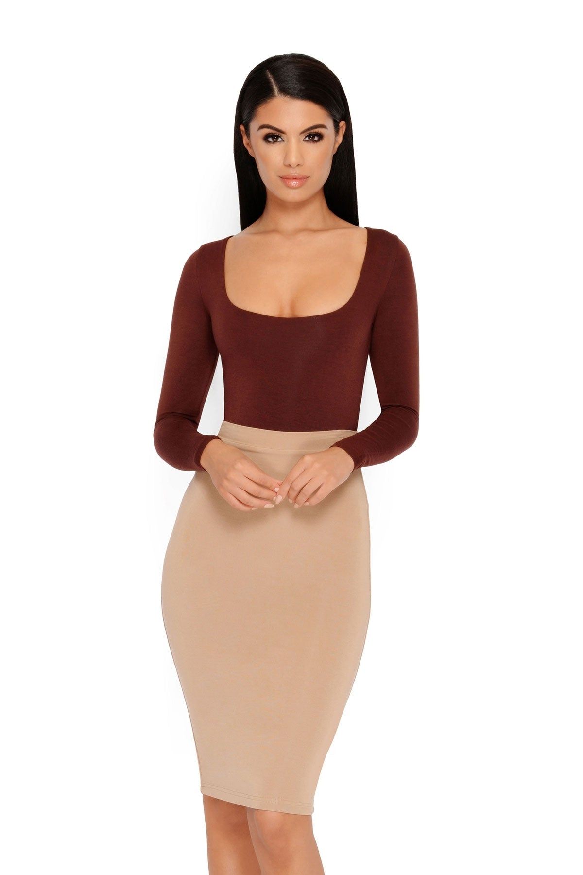 What's The Scoop Double Layered Long Sleeve Bodysuit in Brown sold by Oh Polly product image thumbnail 3