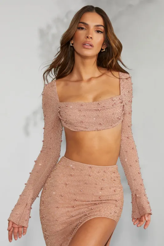 Embellished Cowl Neck Crop Top in Beige sold by Oh Polly