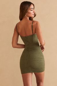 Ruched Corset Ring Detail Mini Dress in Olive sold by Oh Polly