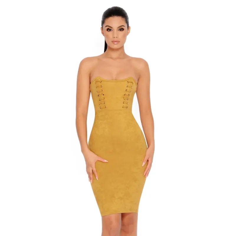In The Firing Line Suede Bustier Knee Length Dress in Mustard sold by Oh Polly