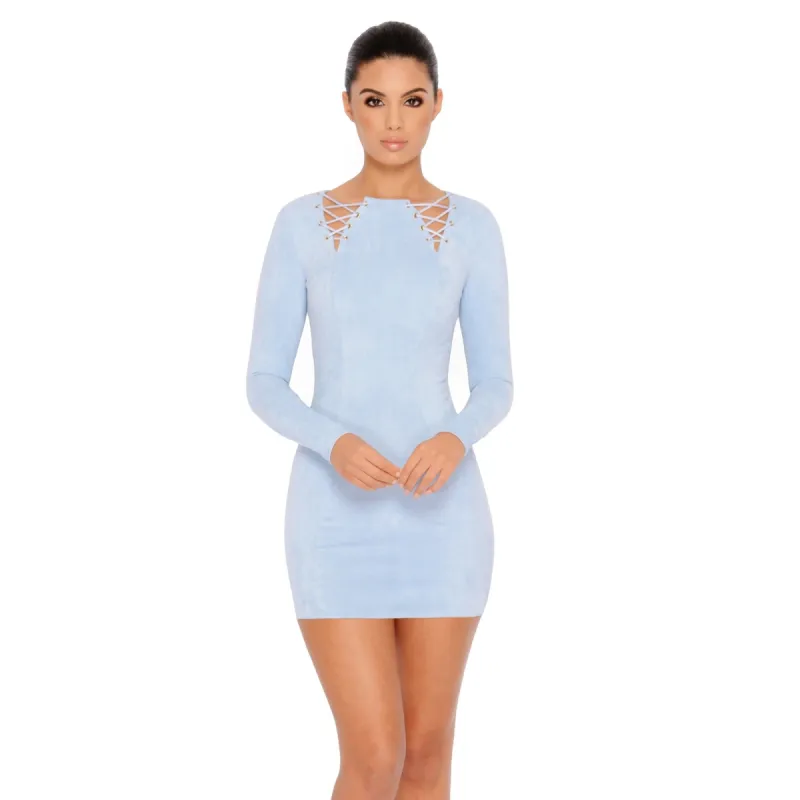 Fall Head Over Feels Lace Up Suede Mini Dress in Blue sold by Oh Polly