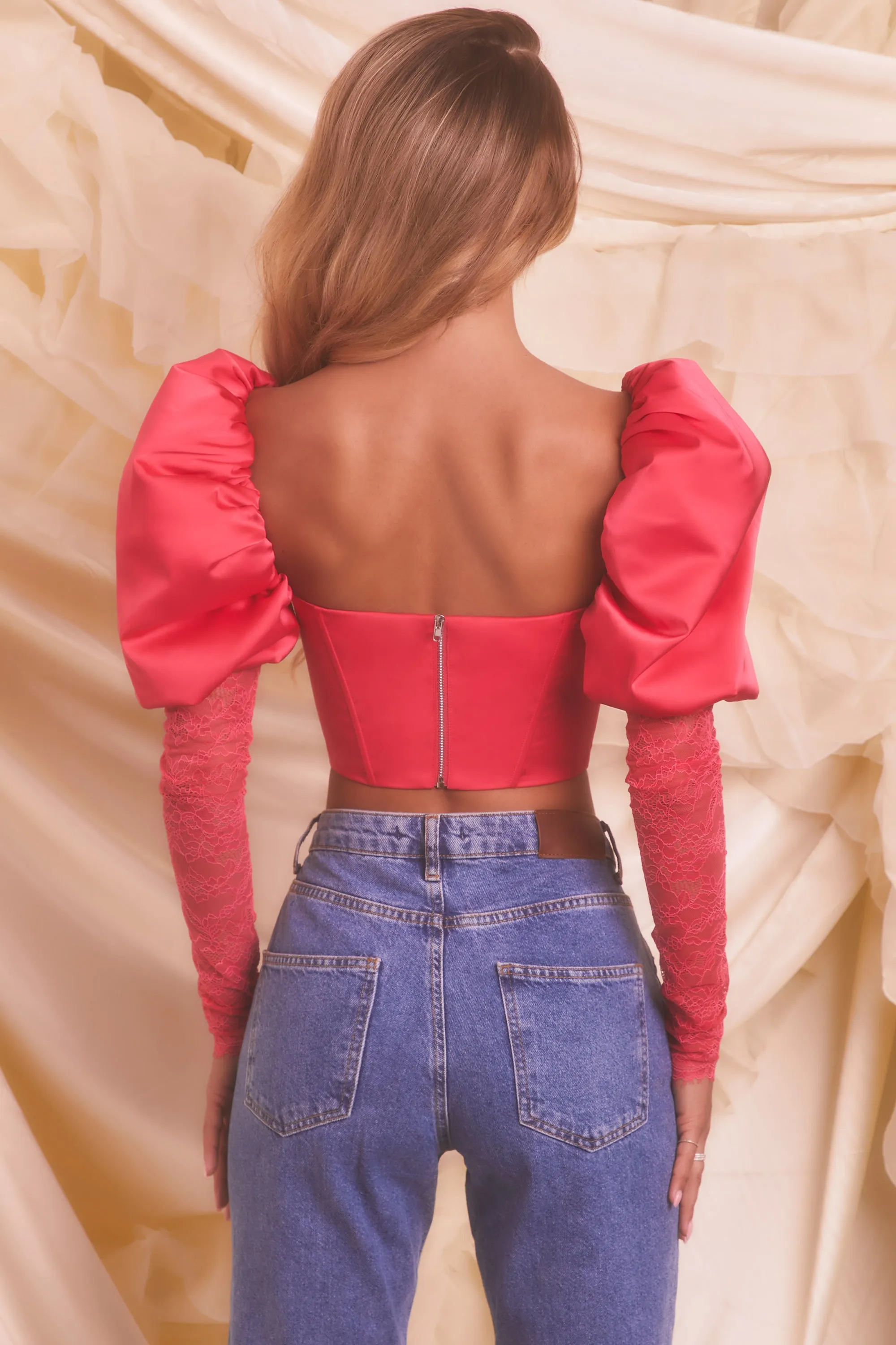 Puff Sleeve Satin Lace Crop Top in Hot Pink sold by Oh Polly product image thumbnail 2