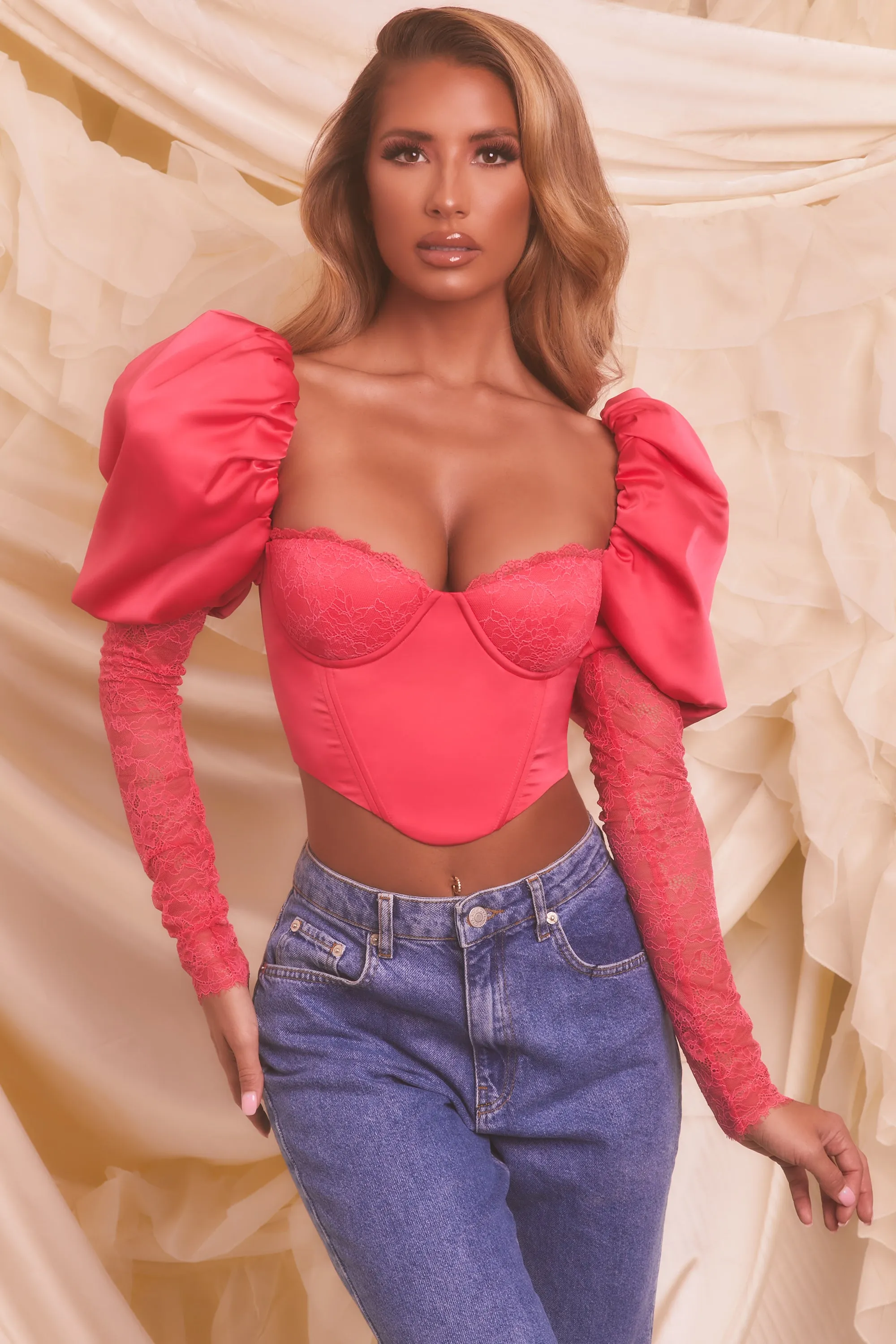 Puff Sleeve Satin Lace Crop Top in Hot Pink sold by Oh Polly product image thumbnail 4
