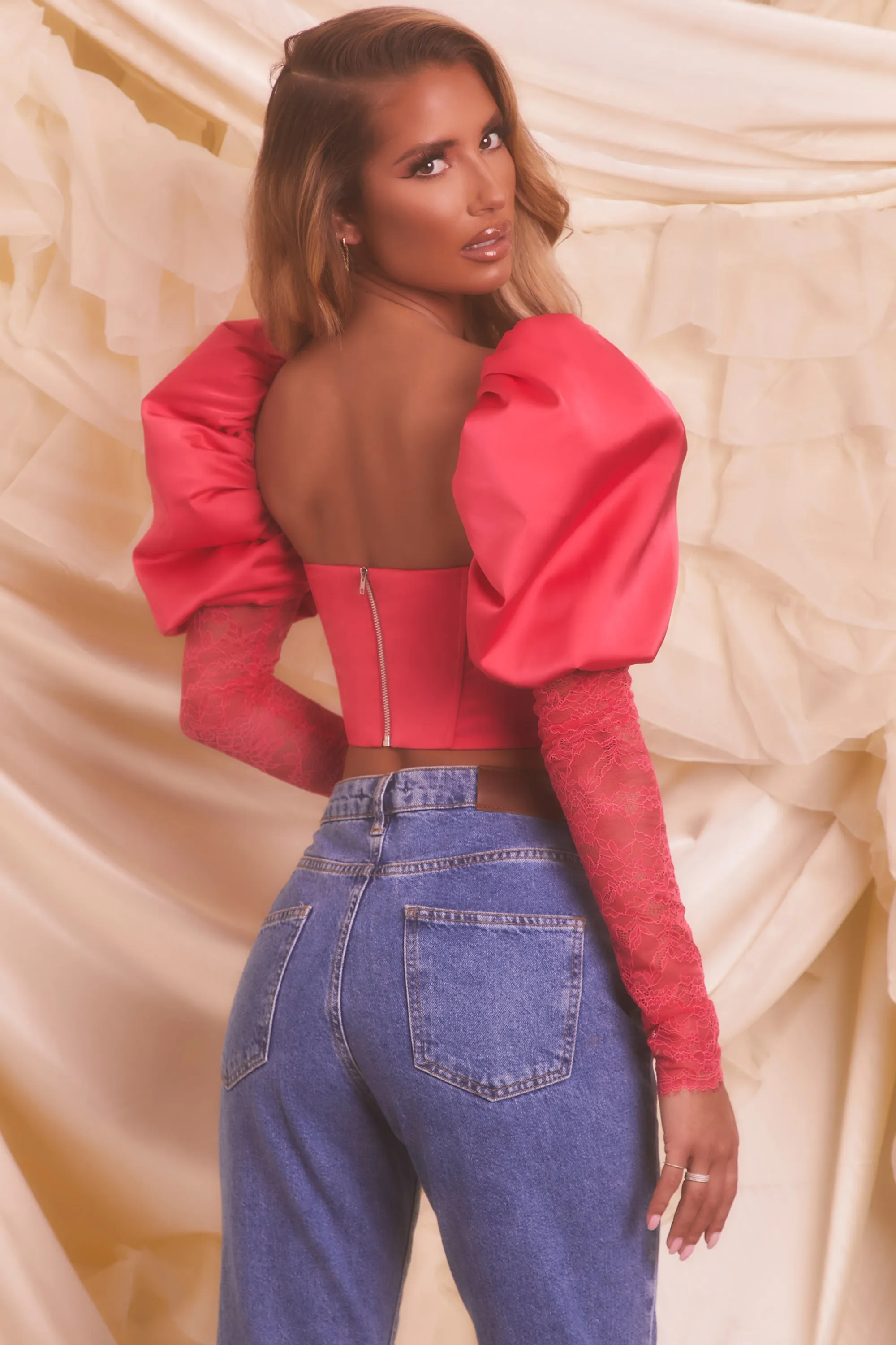 Puff Sleeve Satin Lace Crop Top in Hot Pink sold by Oh Polly product image thumbnail 3