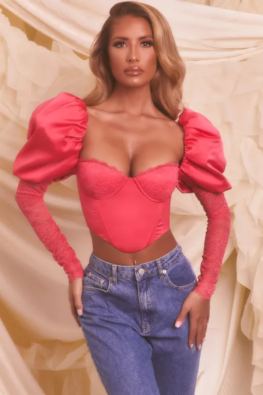 Puff Sleeve Satin Lace Crop Top in Hot Pink sold by Oh Polly