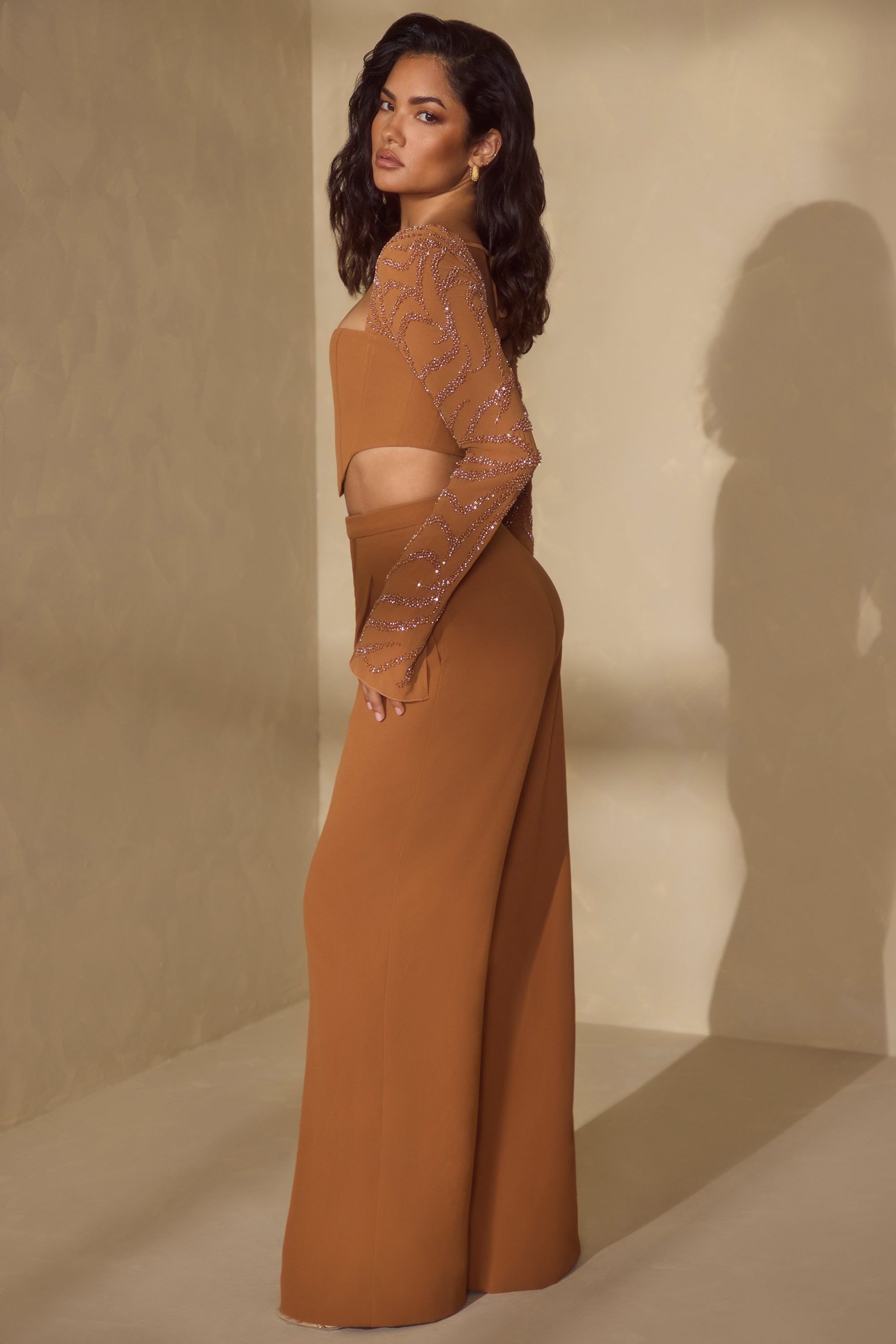 Tall High Waist Wide Leg Trouser in Caramel sold by Oh Polly product image thumbnail 3