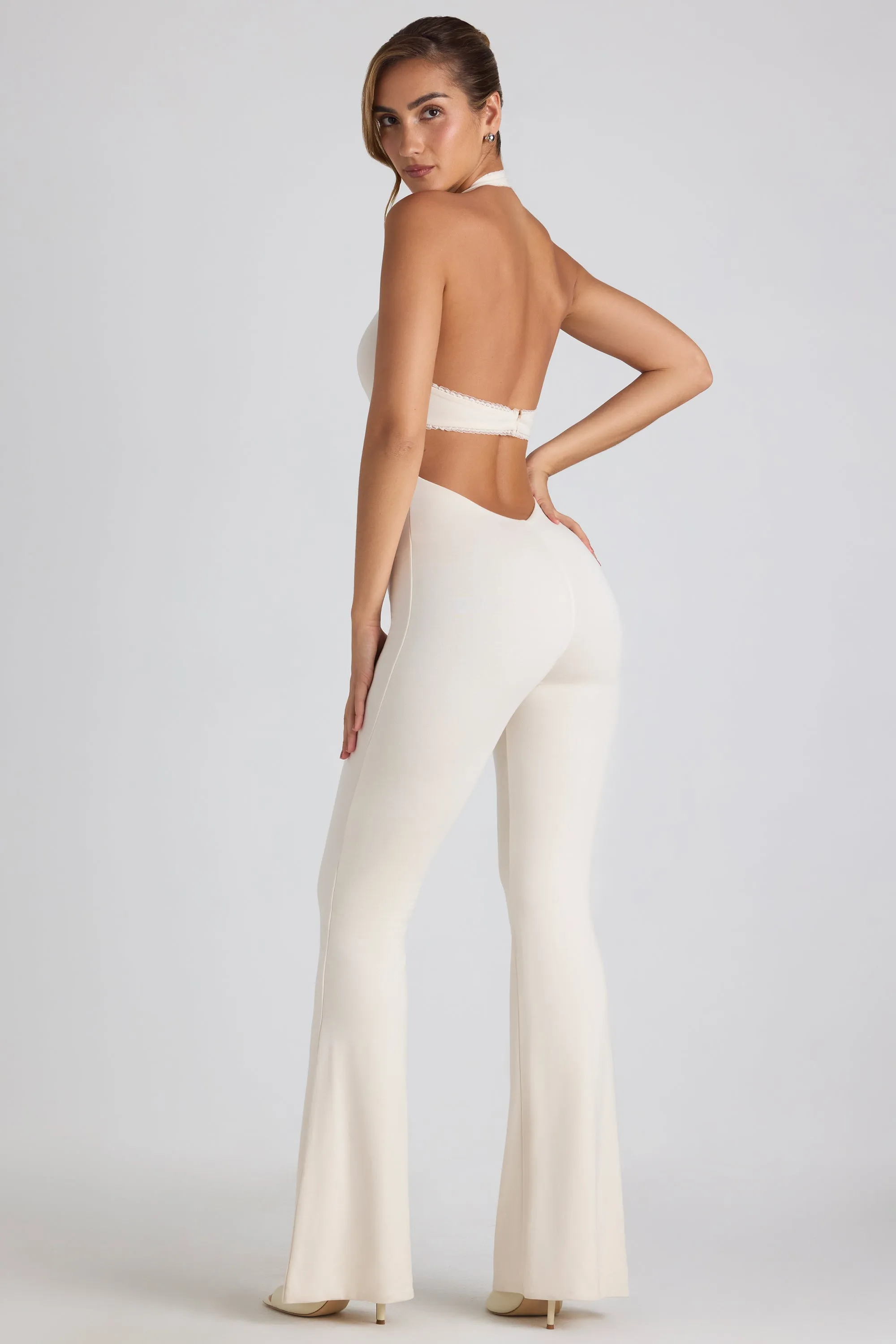 Petite Modal Lace-Trim Cut-Out Flared Jumpsuit in Ivory sold by Oh Polly product image thumbnail 5