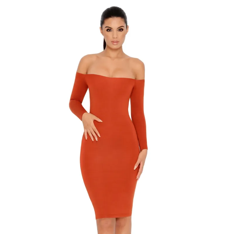 Bare Enough Off The Shoulder Double Layered Midi Dress in Copper sold by Oh Polly