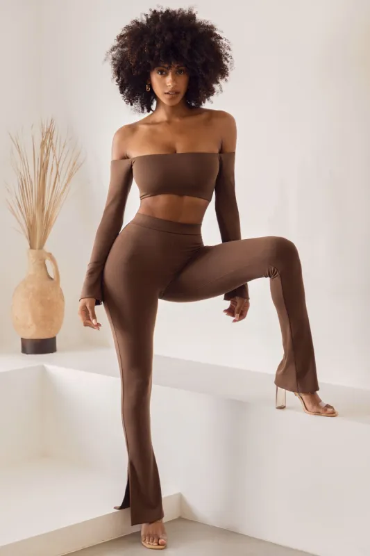 Tall High Waist Split Flare Leggings in Brown sold by Oh Polly