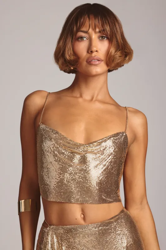 Premium Chainmail Cowl Neck Crop Top in Gold sold by Oh Polly