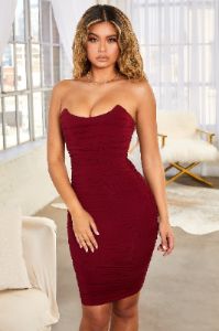 Ruched Bodycon Bandeau Midi Dress in Dark Red sold by Oh Polly