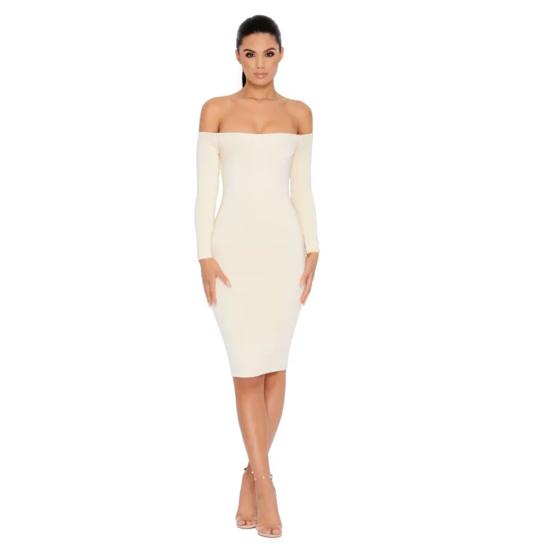 Bare Enough Off The Shoulder Double Layered Midi Dress in Ivory sold by Oh Polly