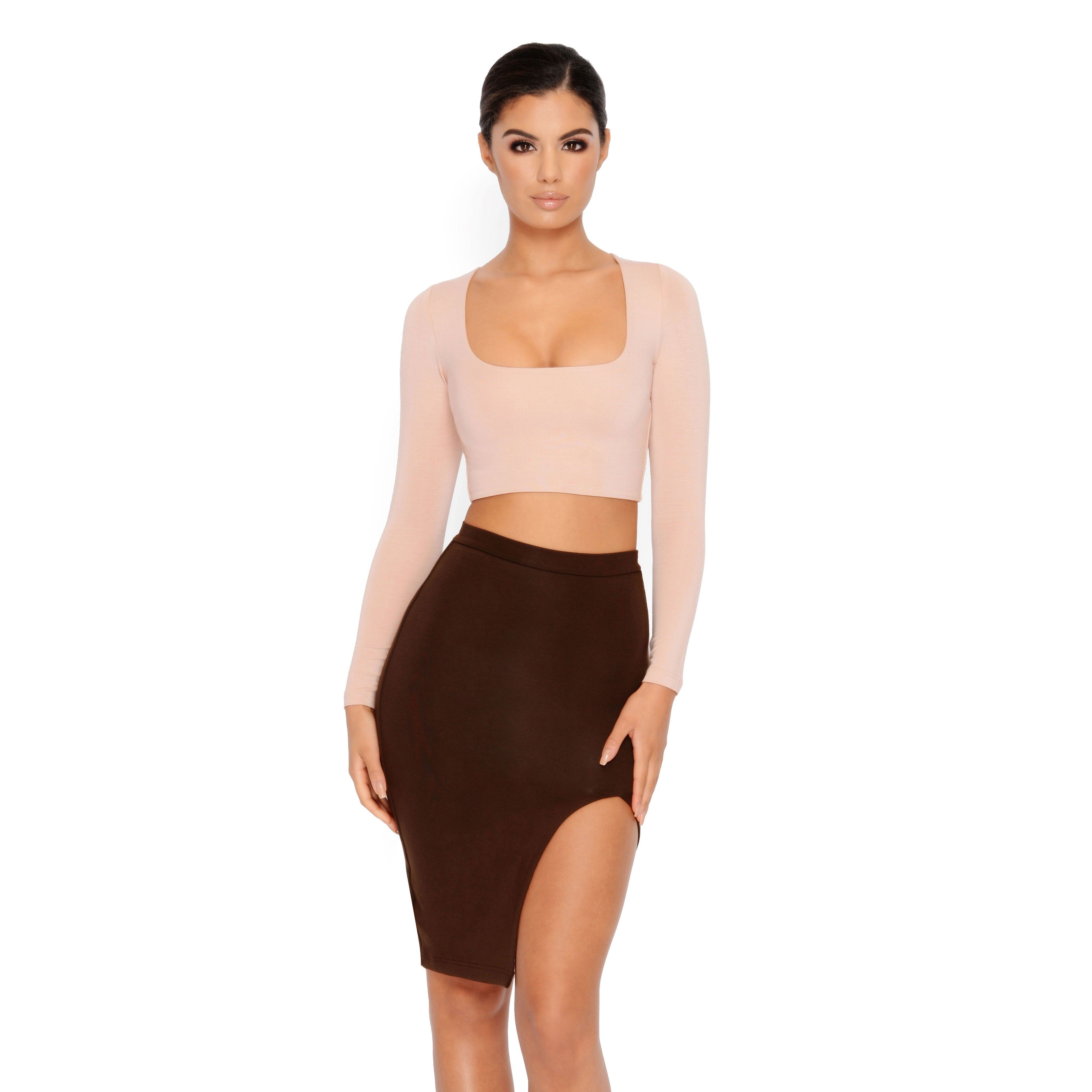 Thigh As A Kite Knee Length Thigh Split Skirt in Brown sold by Oh Polly product image thumbnail 2