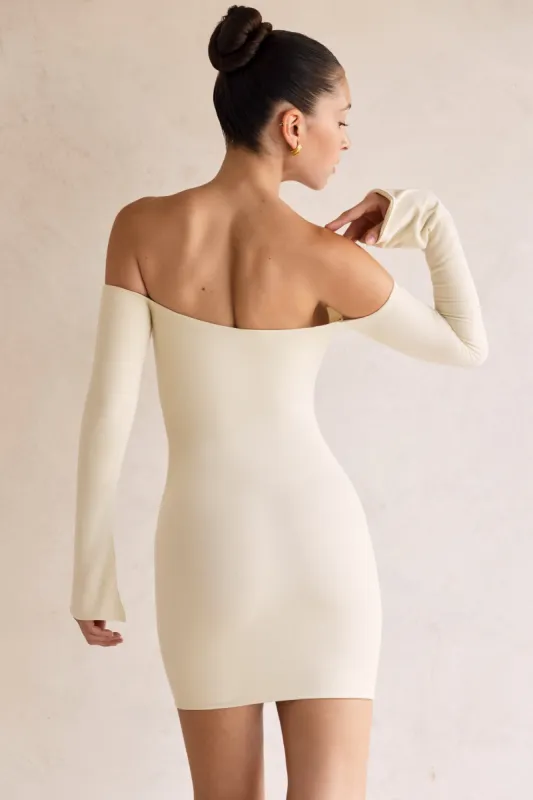 long sleeve bardot mini dress in ivory ASOS DESIGN textured long sleeve bardot mini dress in ivory