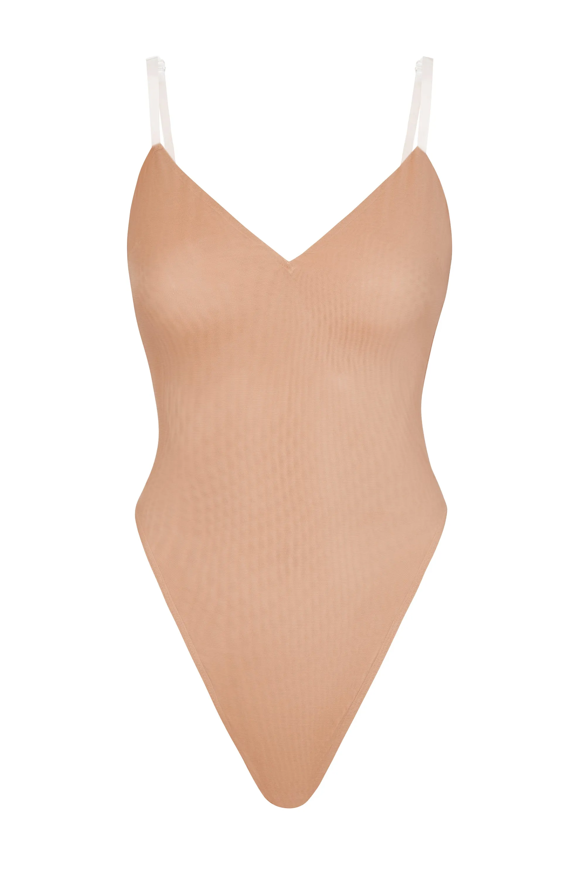 Soft Mesh V-Neck Bodysuit in Warm Peach sold by Oh Polly
