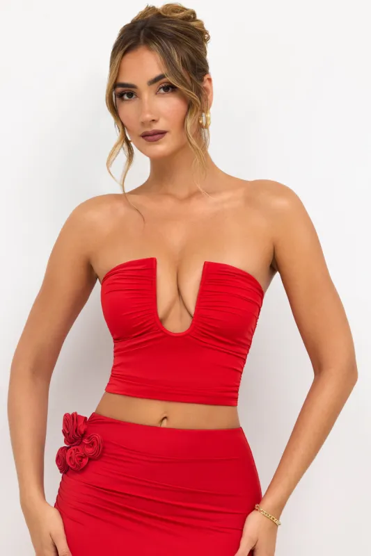 Premium Jersey Strapless Plunge Neck Top in Scarlet Red sold by Oh Polly