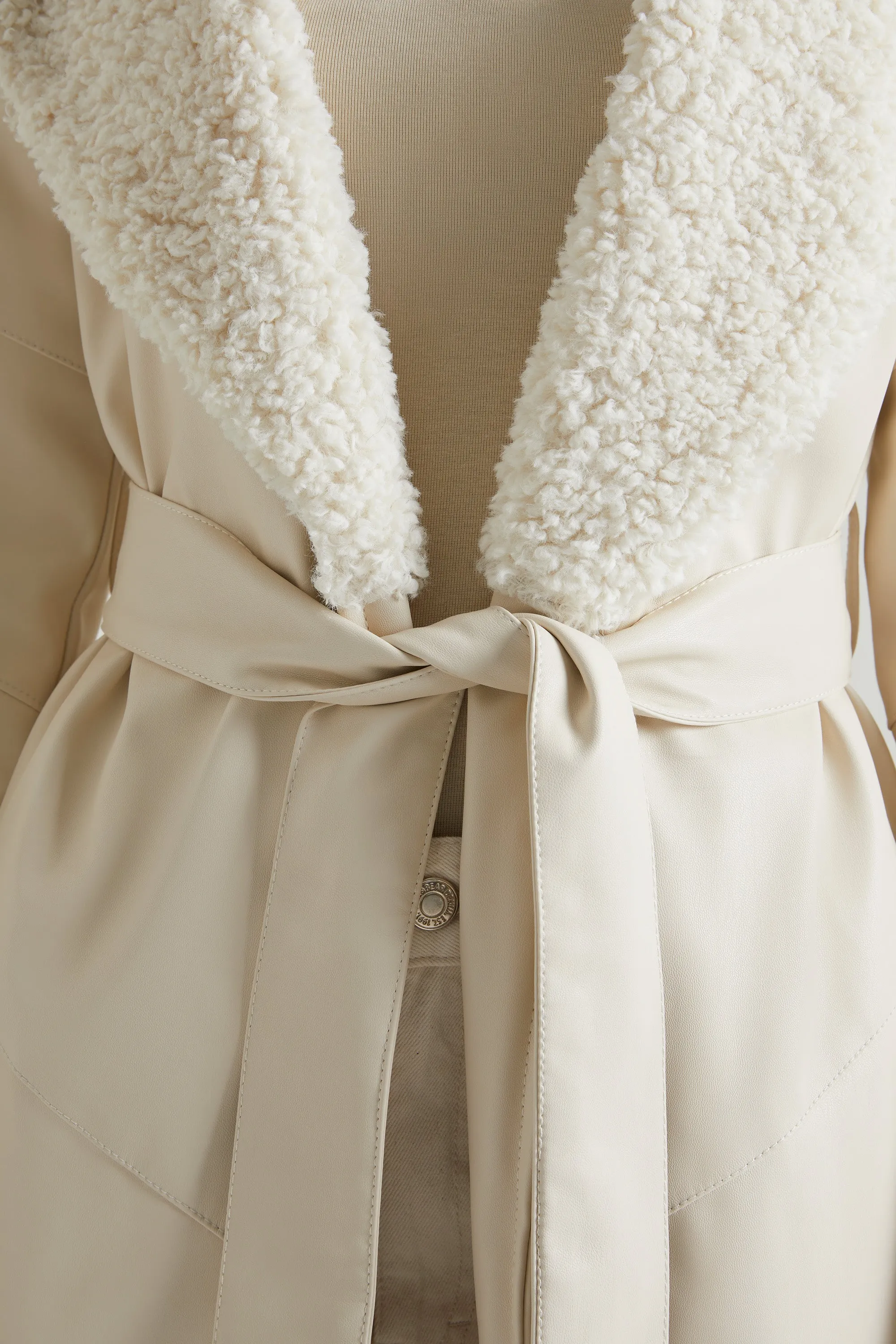 Tie Up Coat with Shearling Collar and Cuffs in Cream sold by Oh Polly product image thumbnail 5