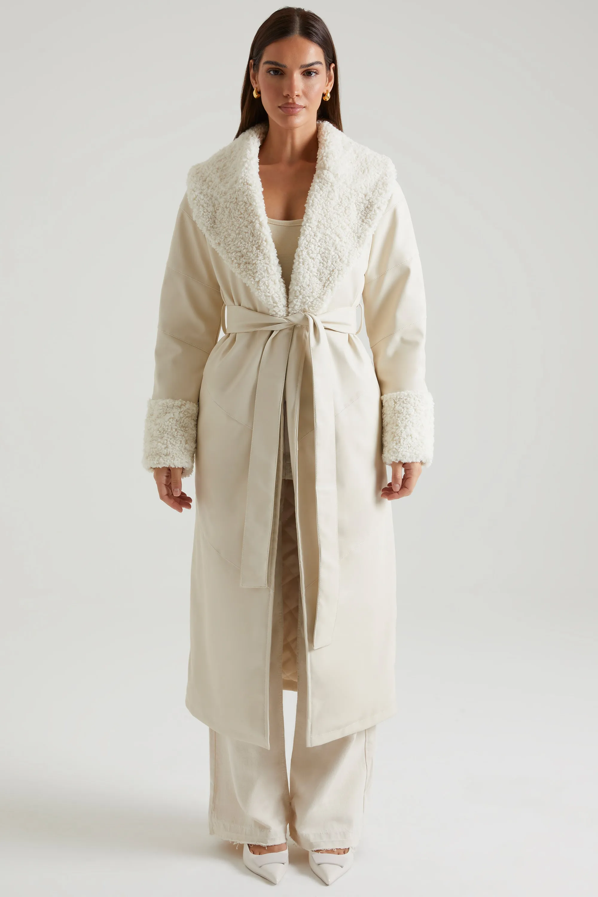 Tie Up Coat with Shearling Collar and Cuffs in Cream sold by Oh Polly
