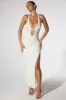 Embellished Plunge Neck Low Back Evening Gown in Ivory sold by Oh Polly