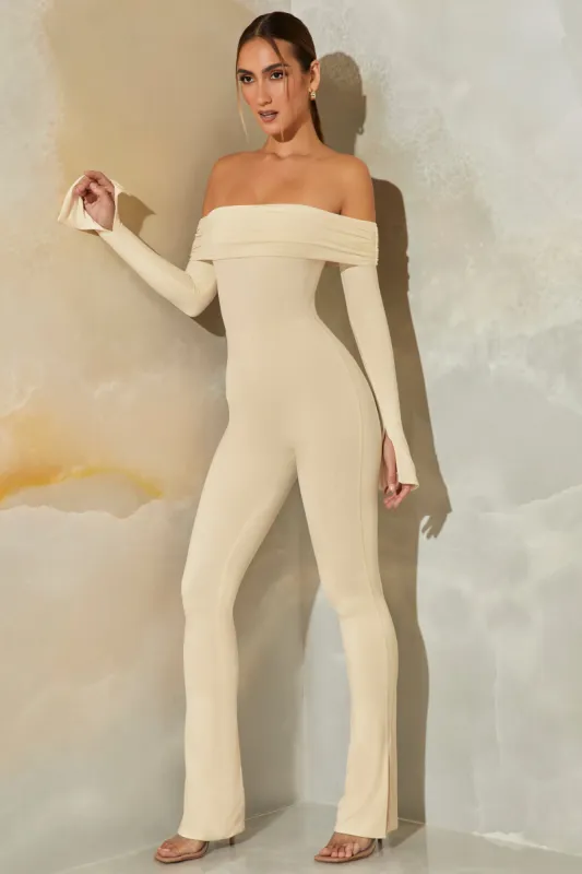 Tall Long Sleeve Open Back Jumpsuit in Stone sold by Oh Polly