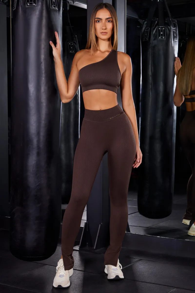 High Waist Split Flare Ribbed Leggings in Brown sold by Oh Polly