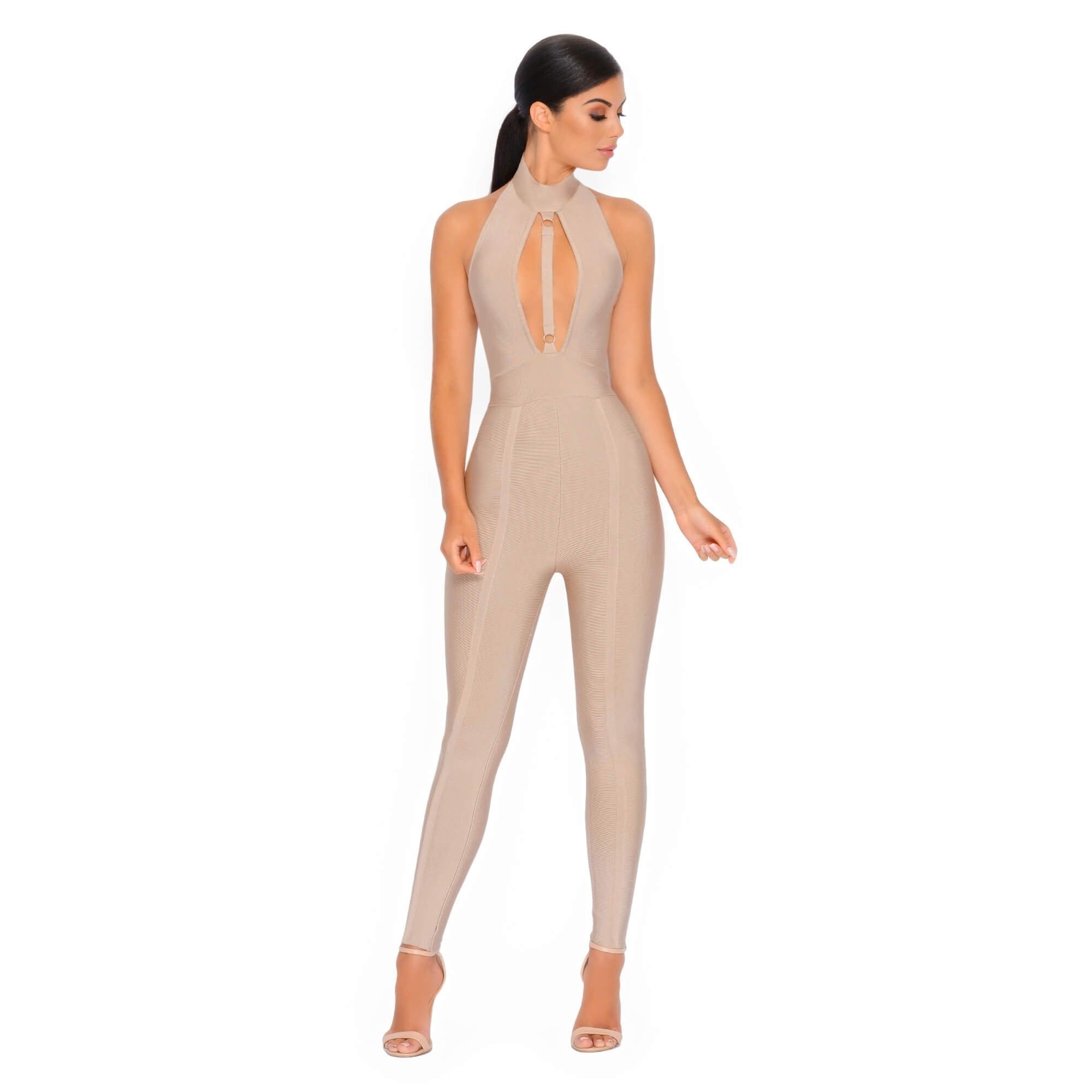 Cut Above The Rest Keyhole Bandage Jumpsuit in Coffee sold by Oh Polly