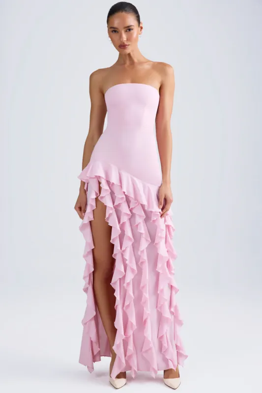 Ruffle-Trim Strapless Gown in Light Pink sold by Oh Polly